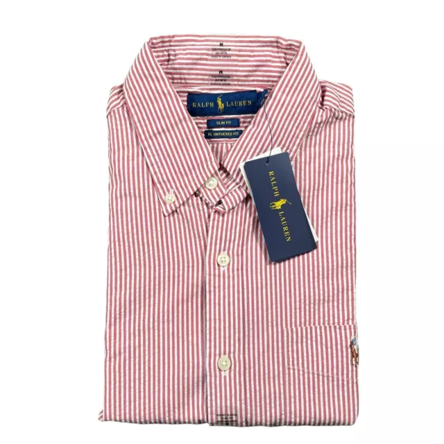 NWT Polo Ralph Lauren RL Untucked Fit Seersucker Red Striped S/S Shirt Mens Sz M