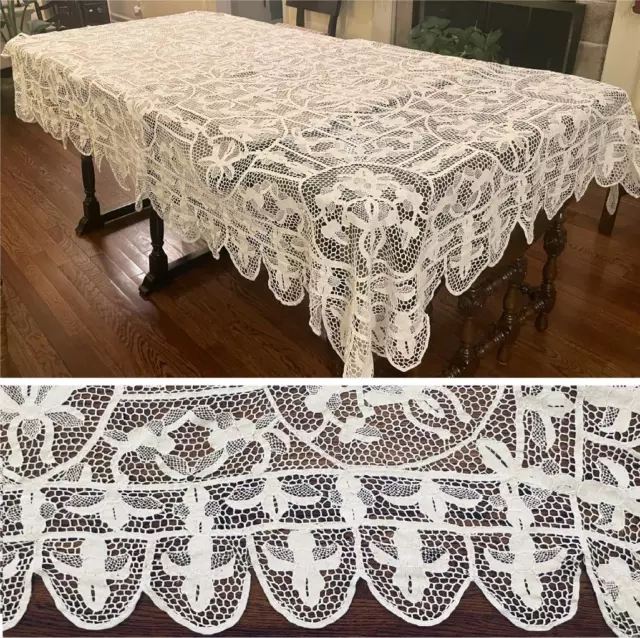 AWESOME VINTAGE ANTIQUE c.1900 POINT de VENISE NEEDLE LACE TABLECLOTH 102" x 68"