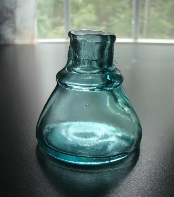 ANTIQUE ICE BLUE- AQUA 1870's CONE INK BOTTLE- CRUDE DRIPPY APPLIED LIP