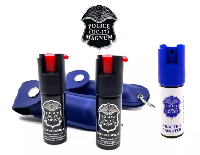 Police Magnum Pepper Spray 2 Pack 1/2oz Keychain B Holster Case w/Practice Spray