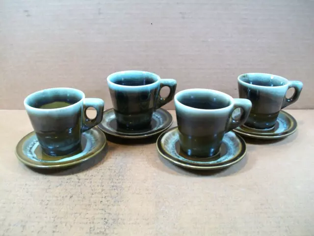 Set of 4 ~ Pfaltzgraff (1960's) Green Copper Drip Stoneware ~Coffee Cup & Saucer