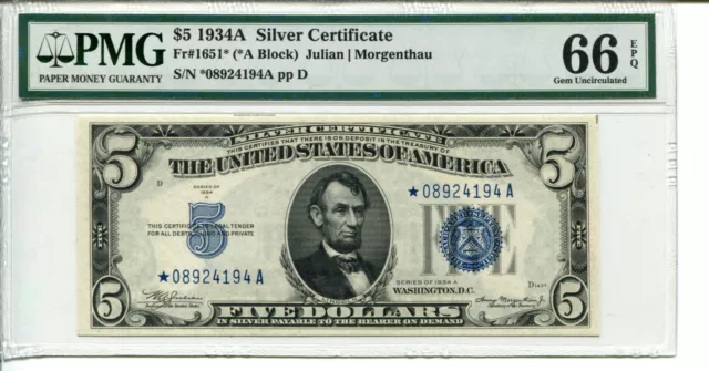 Fr 1651* 1934A Star $5 Silver Certificate Pmg 66 Epq Gem Uncirculated