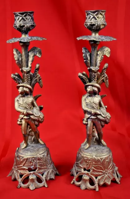 Pair of Vtg Italian Metal Spelter Figural Candlesticks 11" Tall Mod Dep 1960's
