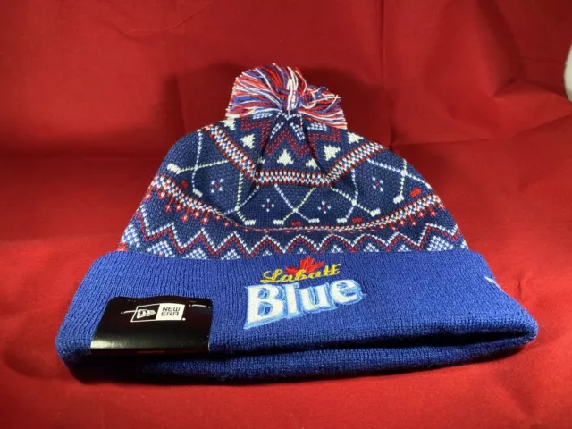 NEW ERA Labatt Blue Logo Knit Winter Hockey Beanie Hat/Cap (Blue/Red/White)