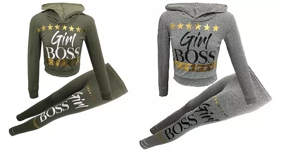 Girls Boss Foil Outfit Top Leggings Tracksuit Khaki Grey Age 6 7 8 9 10 11 12 13