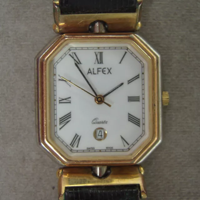 Vintage Alfex Quartz Wrist Watch w/ Date Window + Leather Band Swiss Made