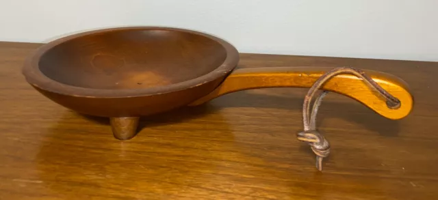 MUNISING Vintage Footed Brown Wooden Bowl w/ Handle