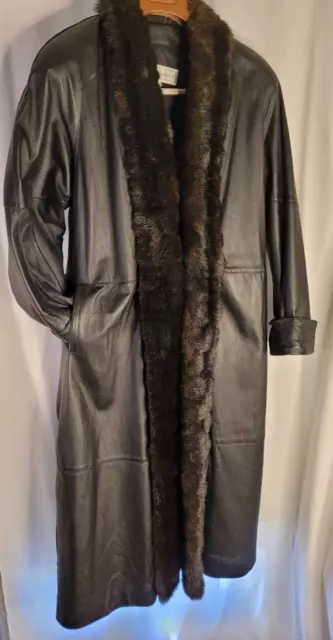 Women's Genuine Pig  Leather Long Black Coat Faux Fur Trim Size M Parkwood Plac