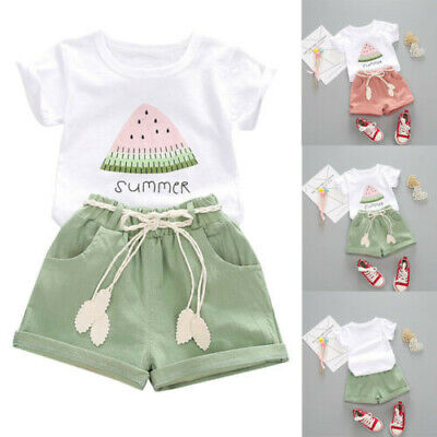 Toddler Kids Baby Girl Watermelon Letter Print Tops + Shorts Outfits Set Clothes