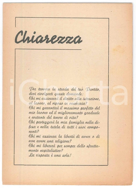 1950 ca PARTITO COMUNISTA ITALIANO Pieghevole contro il fascismo CHIAREZZA