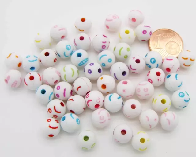 50 perles Acryliques Rondes 8mm motifs mix visage smiley DIY création bijoux