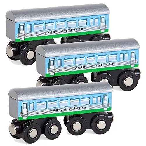 Orbrium Toys 3 Pcs Large Wooden Railway Express Coach Cars, Fits Thomas The Tank