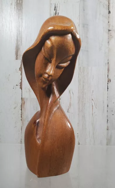 MCM 1950's Woman Lady Wood Sculpture Bust Retro Smooth 6"