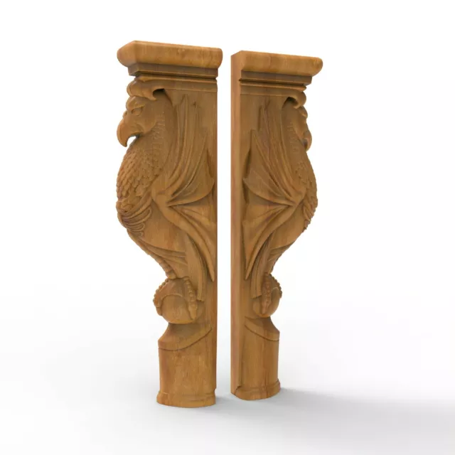 Pair Corbel Bird Gothic Wood Carved Fireplace Mantel Balusters Wall Applique Set