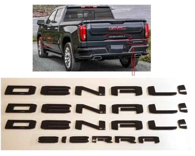 4pc set Gloss Black Door/Rear DENALI Sierra Emblem GMC Sierra 1500 2500hd 3500hd