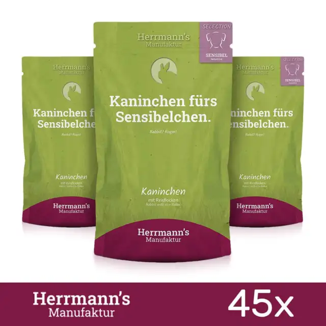 45 x Herrmanns comida para perro con conejo, copos de arroz MHD enero 150 gr 2024