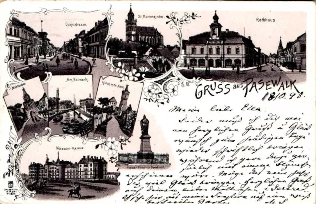 LITHO GRUß AUS PASEWALK KREIS VORPOMMERN GREIFSWALD KÜRASSIER KASERNE 8BILD 1898