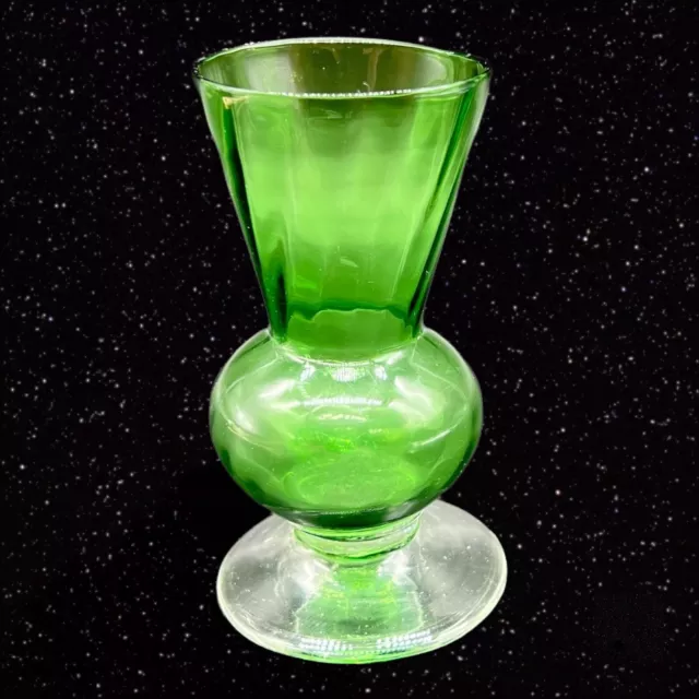 Art Glass Vase Green W Clear Bottom Hand Blown Fluted Vase Miniature 4”T 2”W