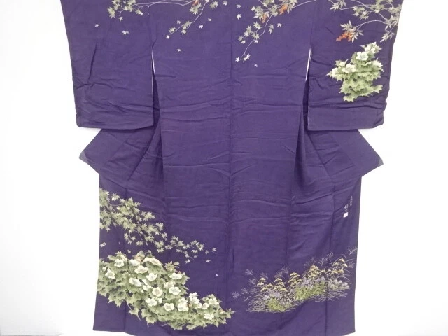 40473# Japanese Kimono / Antique Kimono / Embroidery / Autumn Flowers / Artist W