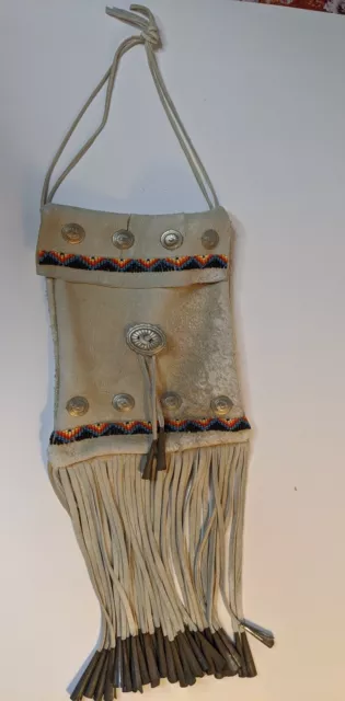Vtg Native American Beaded  Deerskin Fringe  Bag Apache Metal Cone Fringe