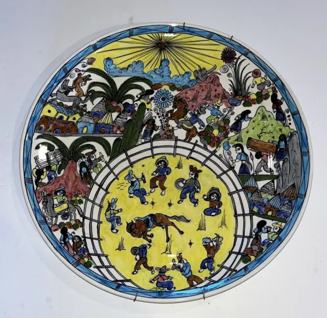 Signed Mexican Pottery VTG  Large 14” Plate Jesus Roman Diego Artist  Rodeo