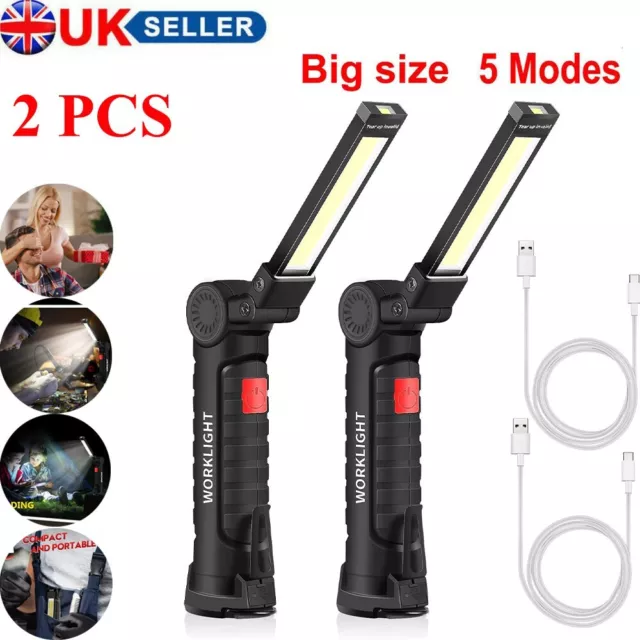 2PC Large LED Work Light COB Inspection Lamp Magnetic Torch USB Rechargeable Car