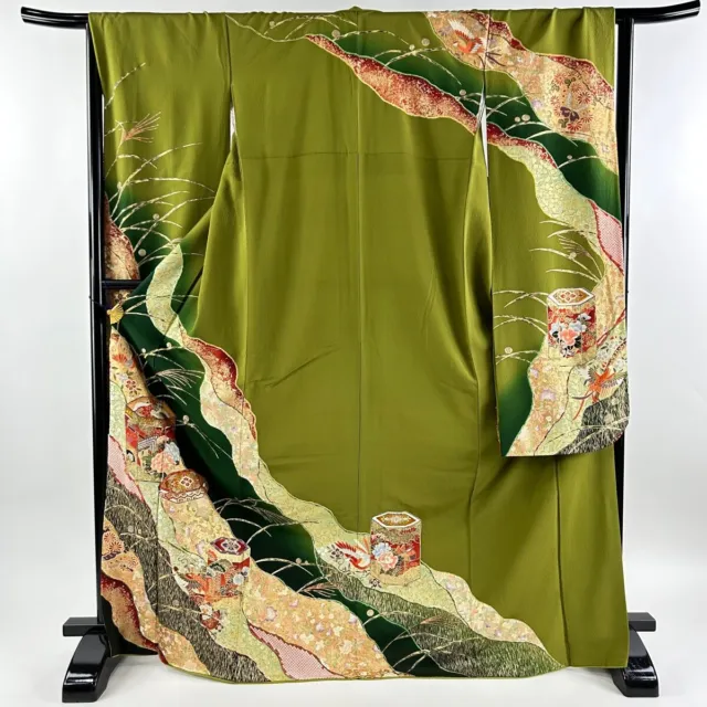 Japanese Silk Kimono Vintage Furisode Gold Green Silver Bird Flower Grass 67"