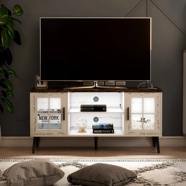 TV Stand Cabinet Smart Modern Entertainment Center LED Lights Wood Console Table