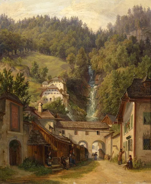Excellent Oil painting nice village beside the mountains landscape with brook