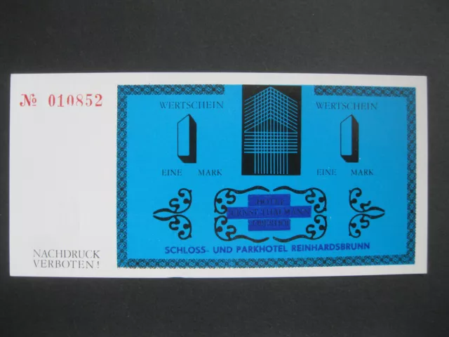 Geldschein Banknote Papiergeld DDR 1 Mark PARKHOTEL REINHARDSBRUNN bankfrisch