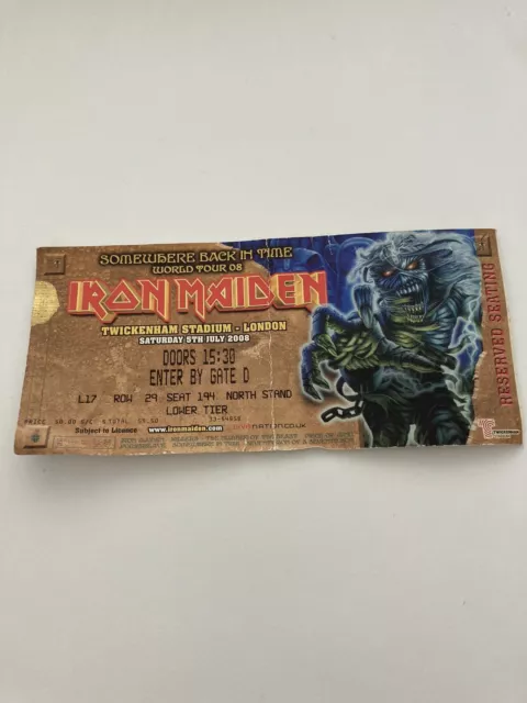 Iron Maiden Concert Ticket Twickenham 2008 - Somewhere Back In Time World Tour.