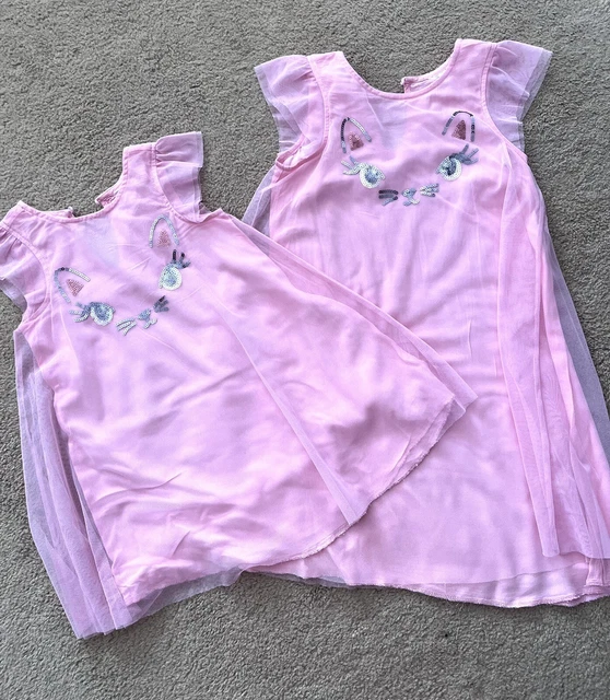 AVON Kids Girls Pink Mesh Party Dress Sequins Cat Print Age 3 & 6 Years Bundle