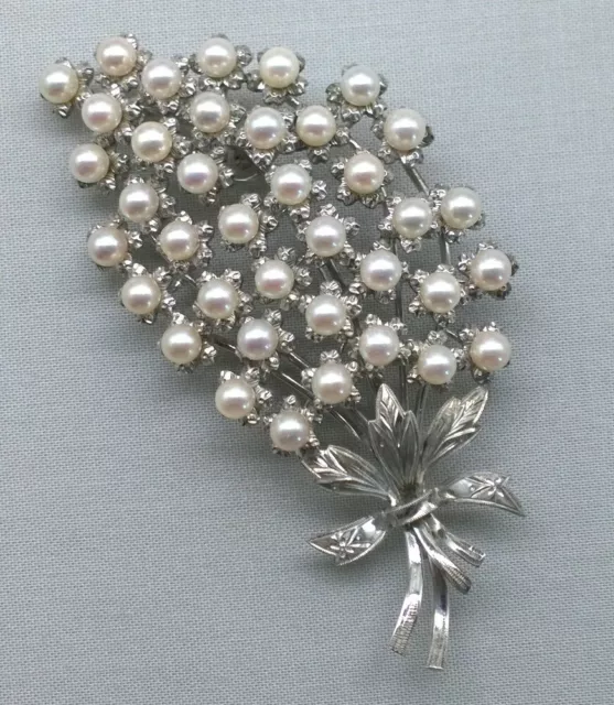 Vintage Sterling Silver Pearl Brooch Lilac Floral Spray Japan Cultured Akoya 3+"