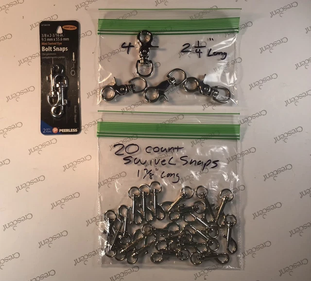 Snaps Lot; 2 Peerless Bolt Snaps 3/8”, 4 Round Trigger Snaps,20 Swivel Eye Bolt