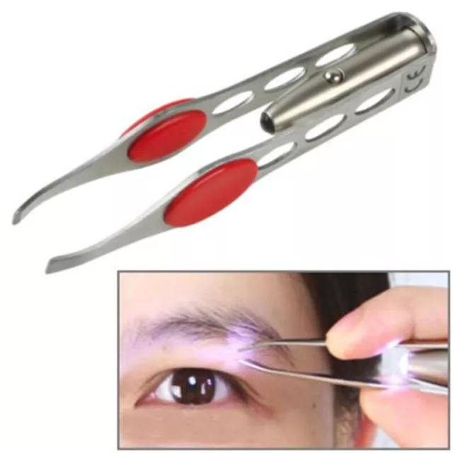 Steel Makeup Eyelash Eyebrow Hair Removal Tweezer With LED Light D4Q8