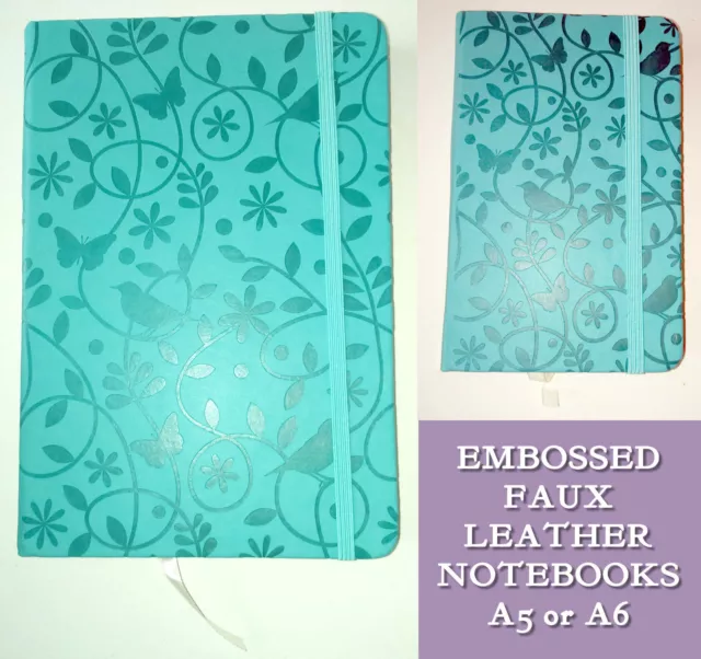 Teal Birds A6 A5 JOURNAL NOTEBOOK Emboss PU Faux Leather Cover GREEN BLUE Lined