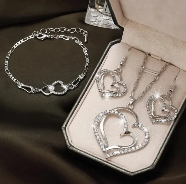 Damen Halskette Herzkette Herz Anhänger Armband Ohrring Schmuckset Geschenk