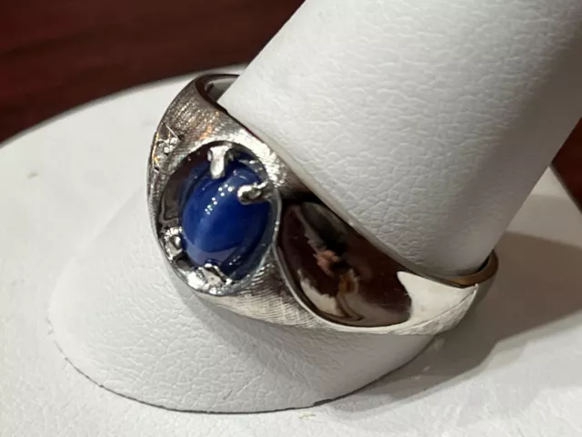 10K WHITE GOLD Mens Blue Star Sapphire Ring with Diamond Accent Size 12 ...