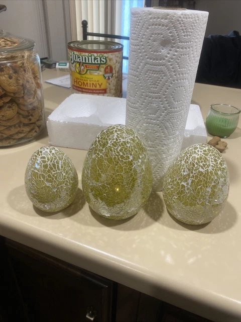 Led Lighted Beige Iridescent Shimmery MOSAIC GLASS EGG Home Decor 3 Of Them