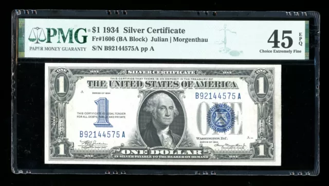 DBR 1934 $1 Silver Funnyback Fr. 1606 BA Block PMG 45 EPQ Serial B92144575A