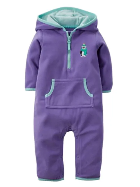 Carters Infant Girls Purple Penguin Hooded Fleece Jumpsuit Coverall Outfit