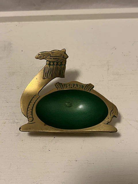 Vintage Israel Hakuli Camel Brass & Green Enamel Ashtray MCM