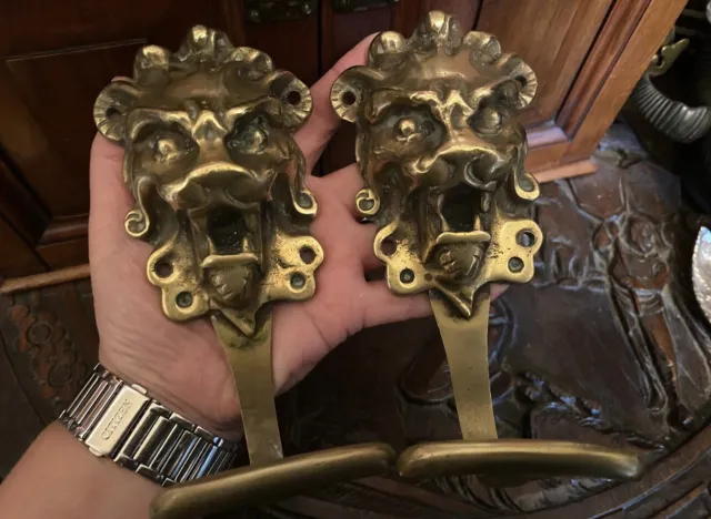 Antique heavy solid cast brass gothic lion mask coat hook or Clothes Hanger