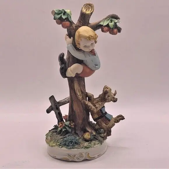 Vintage Italian Capodimonte "Boy In Tree" with Chasing Dog Apple Tree Figurine