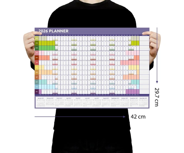 2026 A3 SIZE Full Year Wall Planner Calendar Home Office Work Colourful