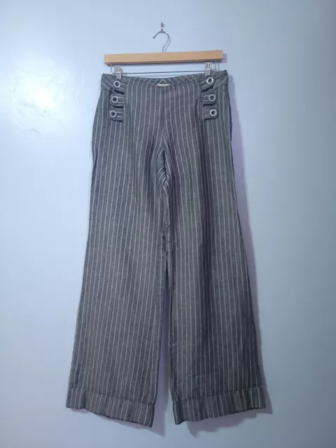 Elevenses Pants Size 4 Wide Leg Linen Cotton Striped Gray Twill 30x32 Sailor