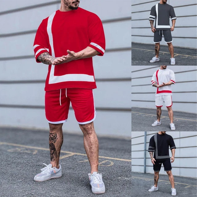 Tuta da Ginnastica Uomo Manica Corta Pantaloncini Abiti Estate Pantaloni Felpa