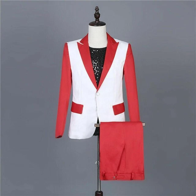 Men Suit Trousers Color Splice Blazer Casual Stage Wedding Jacket Pants 2 Piece