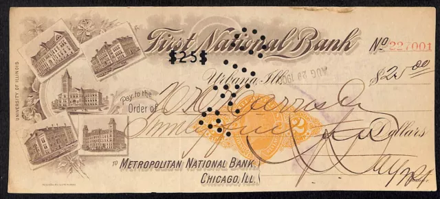 FNB Urbana, IL $25 1900 Bank Check Revenue Stamp w/ University Vignette