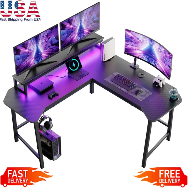 LSHAPED GAMING DESK W/ LED Lights Computer Table Workstation Stand